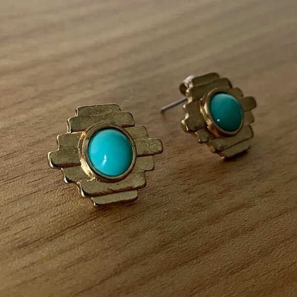 Southwestern, Geometric Turquoise/Gold Stud Earrings - Picture 3 of 6